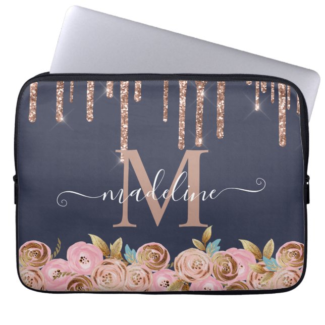 Funda Para Portátil Rosa Monograma Purpurina de oro Drin Girly Glam (Frente)