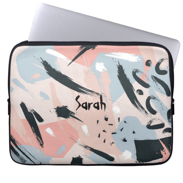 Funda Para Portátil Rosa negro Abstracción azul dorado Mongrama Nombre (Frente)