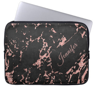 Funda Para Portátil Rosa Negro Piedra De Mármol De Oro Con Tu Nombre