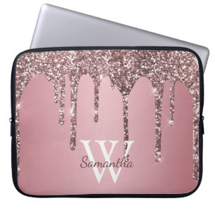 Funda Para Portátil Rosa Oro Purpurina Rosado Perforación Nombre Monog