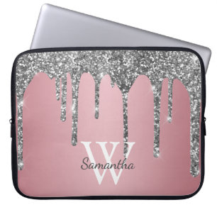 Funda Para Portátil Rosa oro rosa Monograma nombre con gotas de brillo