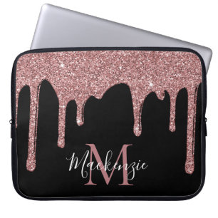 Funda Para Portátil Rosa Purpurina de espuma de oro gotea monograma so