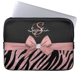 Funda Para Portátil Rosa Purpurina de oro Bandas de cebra negra Bow Mo