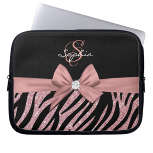 Funda Para Portátil Rosa Purpurina de oro Bandas de cebra negra Bow Mo