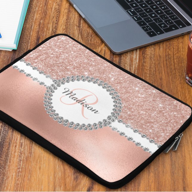 Funda Para Portátil Rosa Purpurina de oro Diamond Glam Monograma (Subido por el creador)