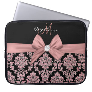 Funda Para Portátil Rosa purpurina de oro Negro Damasco, Bow, Diamante
