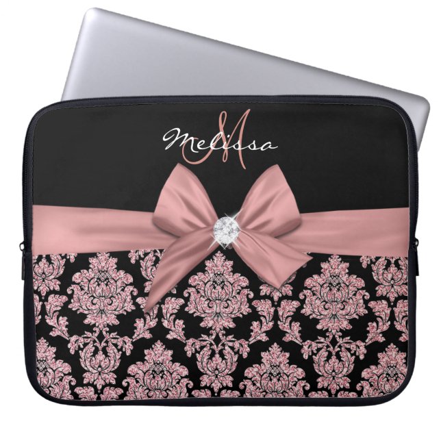 Funda Para Portátil Rosa purpurina de oro Negro Damasco, Bow, Diamante (Frente)