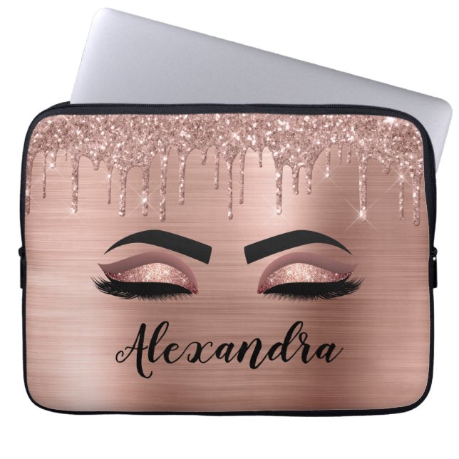 Funda Para Portátil Rosa Purpurina dorado Esparkle Eyelashes Monograma (Frente)