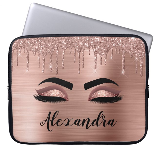 Funda Para Portátil Rosa Purpurina dorado Esparkle Eyelashes Monograma (Frente)