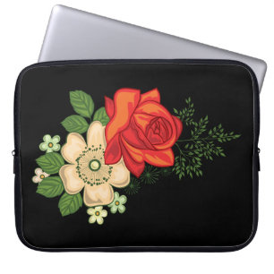 Funda Para Portátil Rosa Roja y Margaritas Fondo Negro