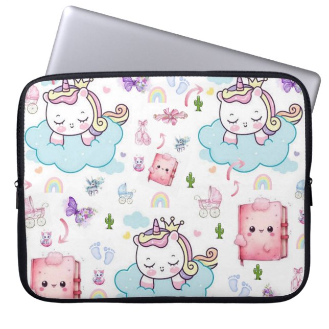 Funda para portátil rosa, unicornio azul arcoíris  (Frente)