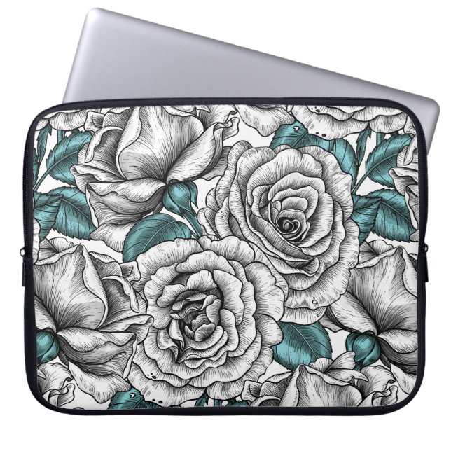 Funda Para Portátil Rosas blancas con hojas azules (Frente)