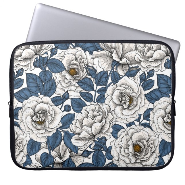 Funda Para Portátil Rosas blancas con hojas azules en blanco (Frente)