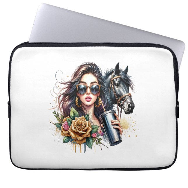 Funda Para Portátil Rosas estéticos Chicas Purpurinas de caballos (Frente)