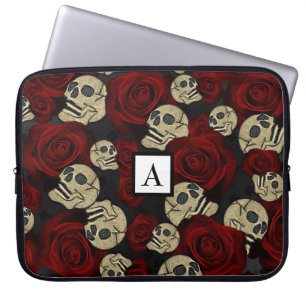 Funda Para Portátil Rosas Rojas & Calaveras Gris Negro Floral Gótico