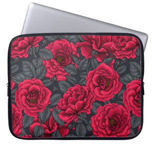 Funda Para Portátil Rosas rojas con hojas grises en negro