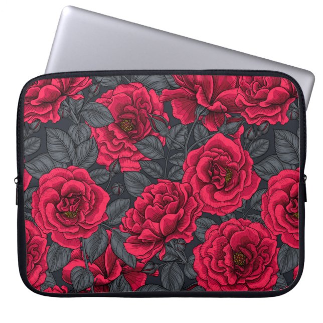 Funda Para Portátil Rosas rojas con hojas grises en negro (Frente)
