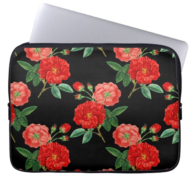 Funda Para Portátil Rosas Rojas, Fondo Negro, (Frente)