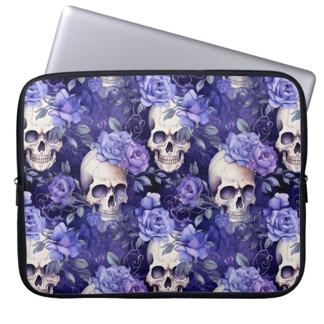 Funda Para Portátil Rosas violetas con calaveras (Frente)