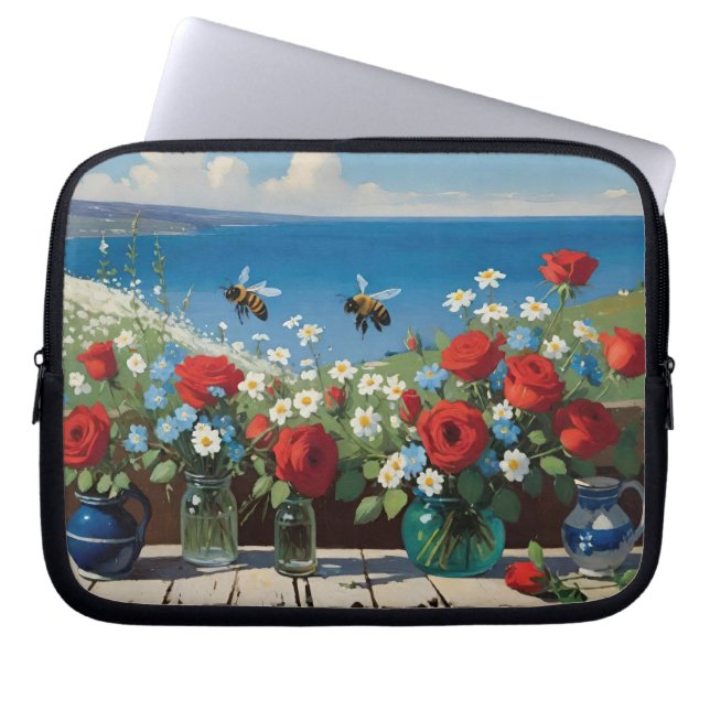 Funda Para Portátil Rosas y abejas con vistas al océano (Frente)