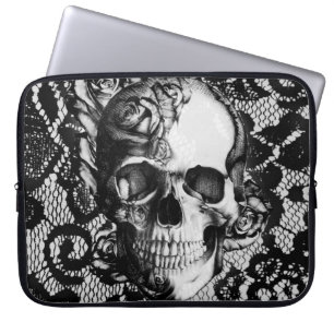 Funda Para Portátil Rosas y cráneo blancos y negros del cordón