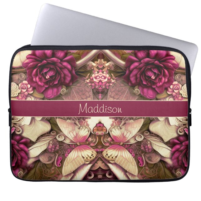 Funda Para Portátil Rosas Y Mariposas Decorativas De Collage (Frente)
