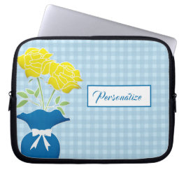 Funda Para Portátil Roses amarillas Blue Vase Gingham Laptop