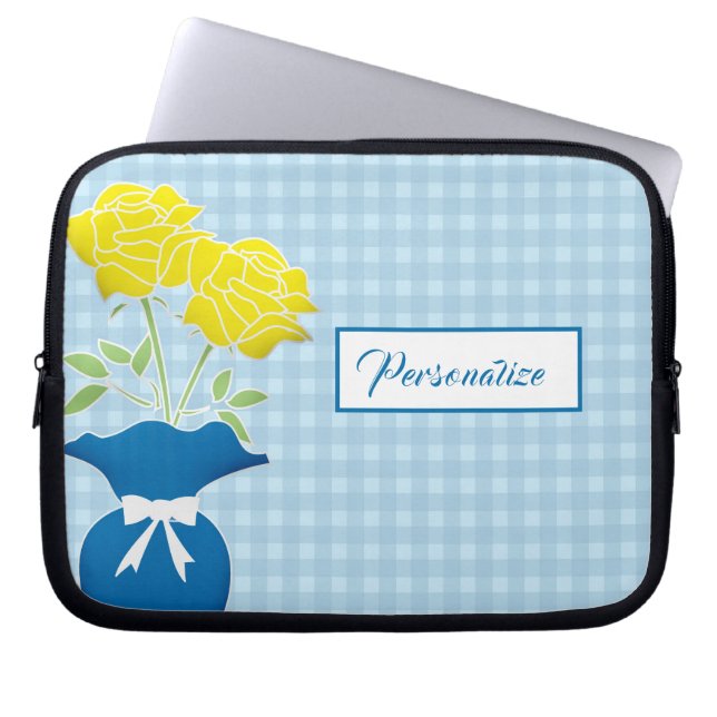 Funda Para Portátil Roses amarillas Blue Vase Gingham Laptop (Frente)