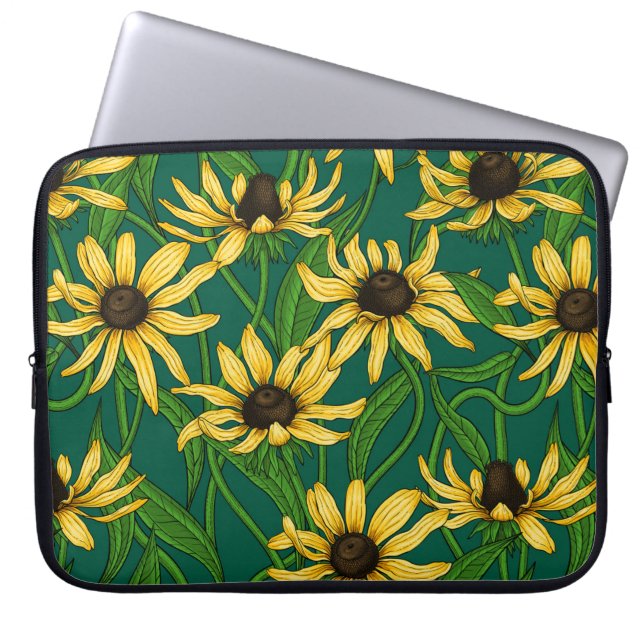 Funda Para Portátil Rudbekia amarilla en verde oscuro (Frente)