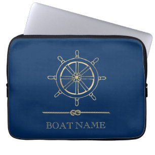 Funda Para Portátil Rueda de Barco de Oro Náutico, Azul Marino