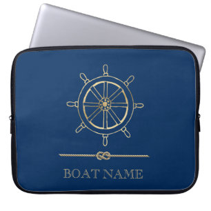 Funda Para Portátil Rueda de barco en dorado náutico, azul marino  