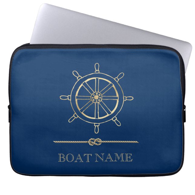 Funda Para Portátil Rueda Nautical Gold Boat,Azul marino (Frente)