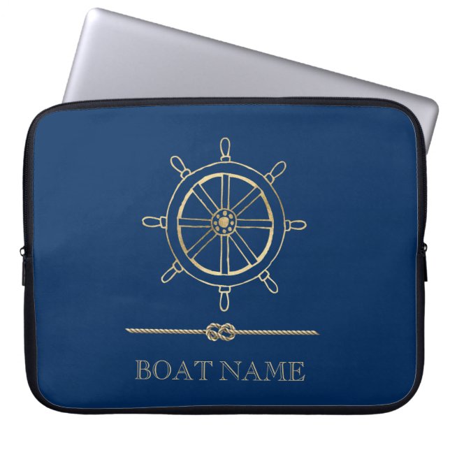 Funda Para Portátil Rueda Nautical Gold Boat,Azul marino (Frente)