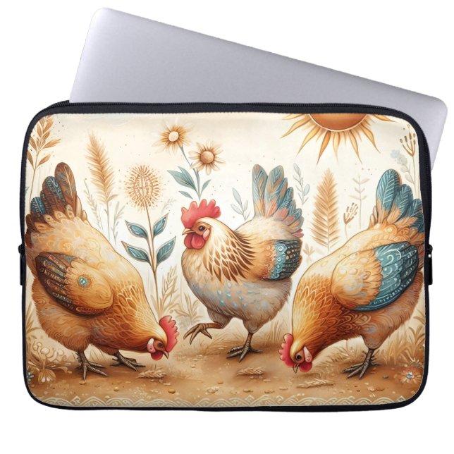 Funda Para Portátil Rústica manga de portátiles Barnyard Chickens Boho (Frente)