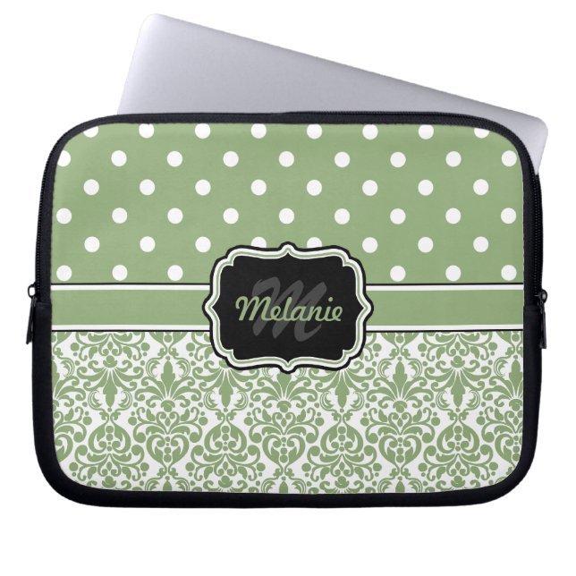 Funda Para Portátil Sage Green Monogramed Damask Polka Dot (Frente)