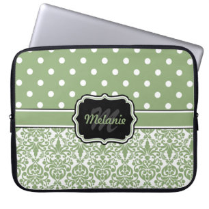 Funda Para Portátil Sage Green Monogramed Damask Polka Dot
