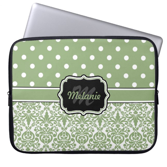 Funda Para Portátil Sage Green Monogramed Damask Polka Dot (Frente)