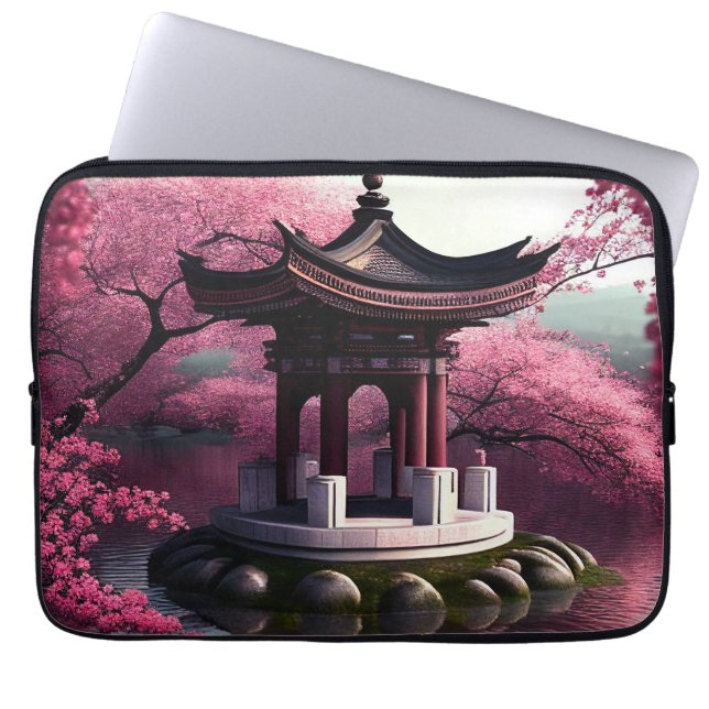 Funda Para Portátil Sakura Cherry Blossom Garden Shrine Pond Japonés (Frente)