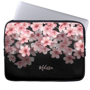 Funda Para Portátil Sakura en acuarela negro rosa Tu nombre