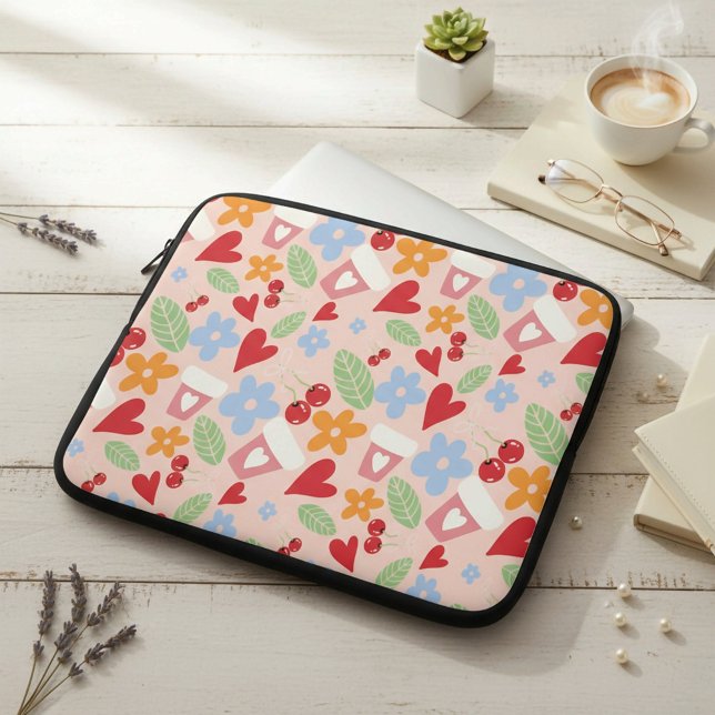 Funda Para Portátil seamless pattern with hearts,  flowers and cherrie (Subido por el creador)