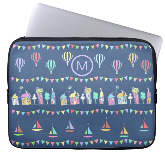 Funda Para Portátil Seaside Town Sail Boats and Bunting Monogram (Frente)
