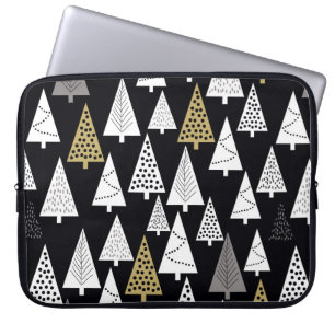 Funda Para Portátil Sencillo patrón invernal. Fondo negro. Oro, sil