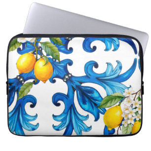 Funda Para Portátil Siciliano, verano, limón, mosaico, azul