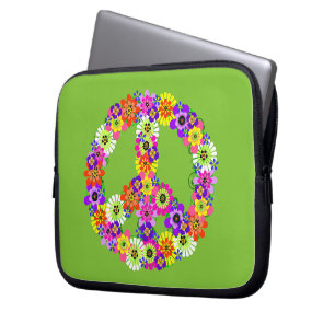 Funda Para Portátil Signo de paz floral sobre el verde animado