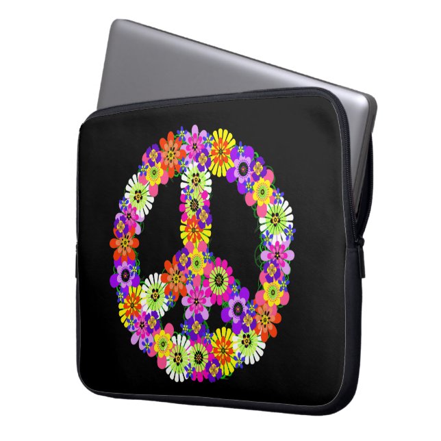 Funda Para Portátil Signo de paz floral sobre negro (Anverso izquierdo)