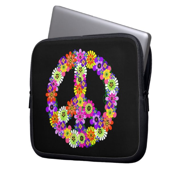 Funda Para Portátil Signo de paz floral sobre negro (Anverso izquierdo)