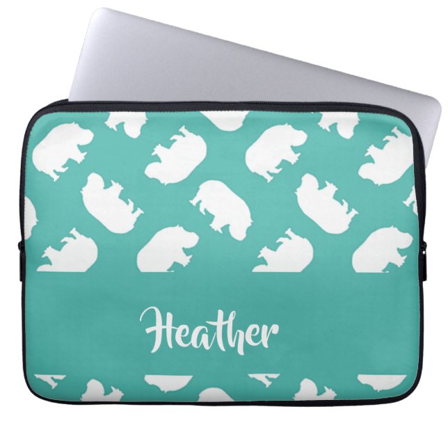 Funda Para Portátil Silhouette de hipopótamo gris sobre verde azulado (Frente)