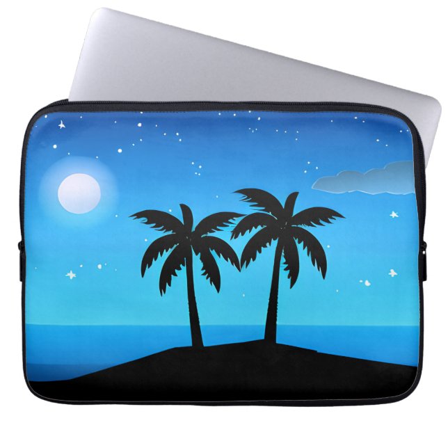 Funda Para Portátil Silhouette de isla tropical con luna y estrellas (Frente)