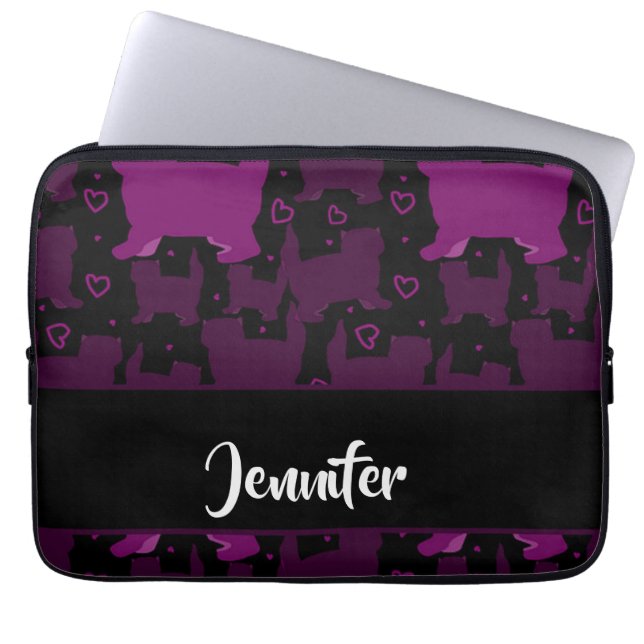 Funda Para Portátil Silueta de gatos graso morado sobre negro (Frente)