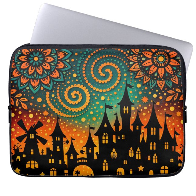 Funda Para Portátil Silueta del Castillo en Noche Mística (Frente)